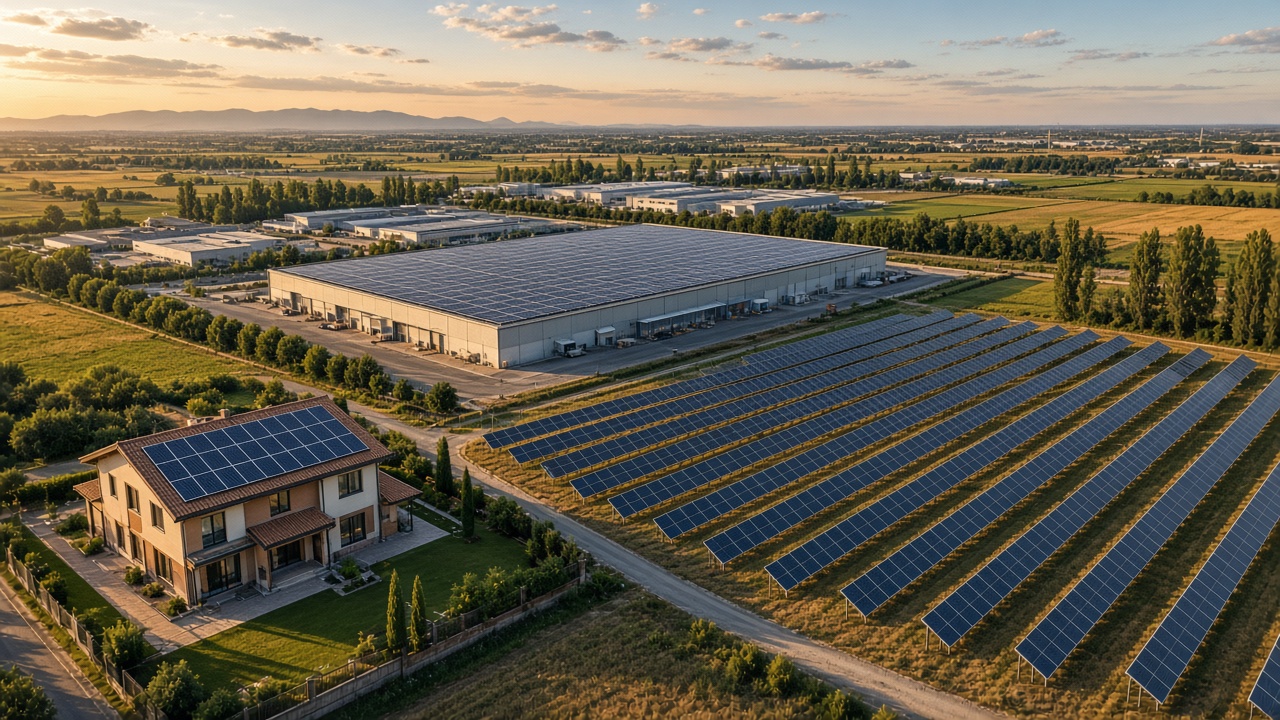 Paesaggio veneto con fotovoltaico civile sul tetto, copertura di un capannone e impianto a terra in campo