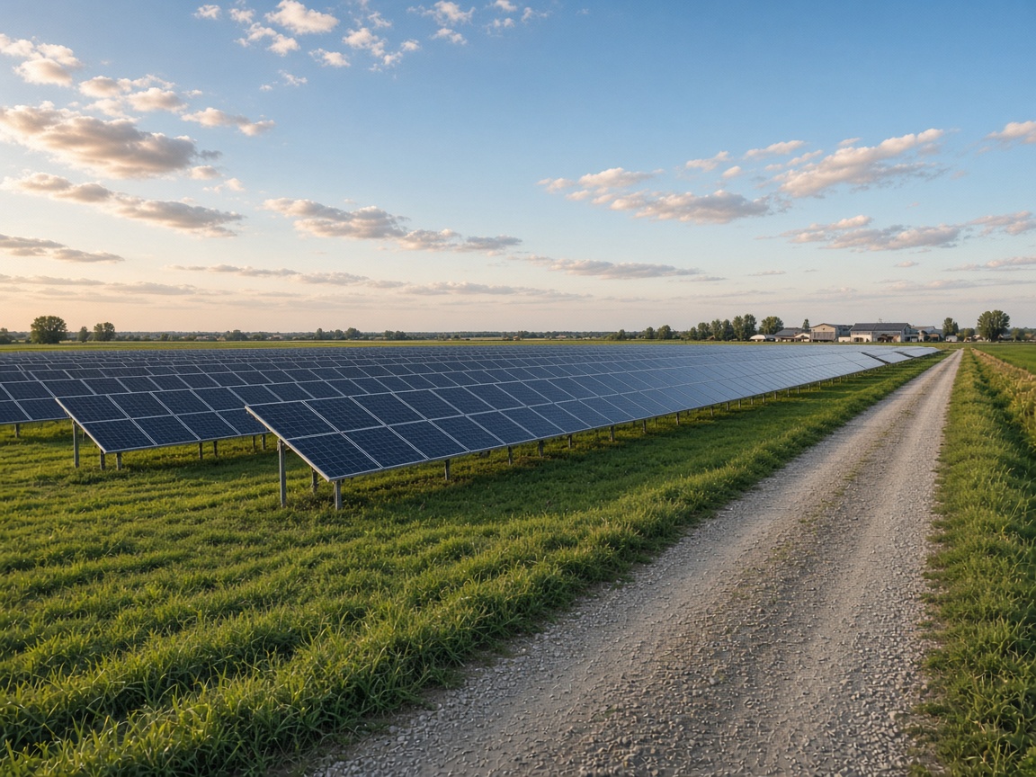 Impianto fotovoltaico a terra con file di moduli in pianura